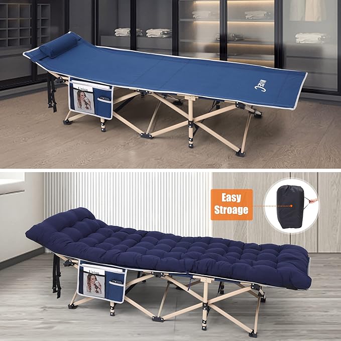 Nice C Camping Cots with Cushion, Camping Cots with Mattress, for Adults, Folding Cot, with Pillow, Carry Bag & Storage Pocket, Extra Wide Sturdy, Holds Up to 500 Lbs (1, Mattress Navy)