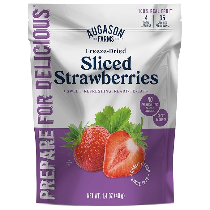 Augason Farms Freeze Dried Sliced Strawberries Pouch - Gluten Free Snack for Baking, Smoothies, and Emergency Storage - Healthy Individual Fruit Snacks – 1.4 Ounces (4 Servings)