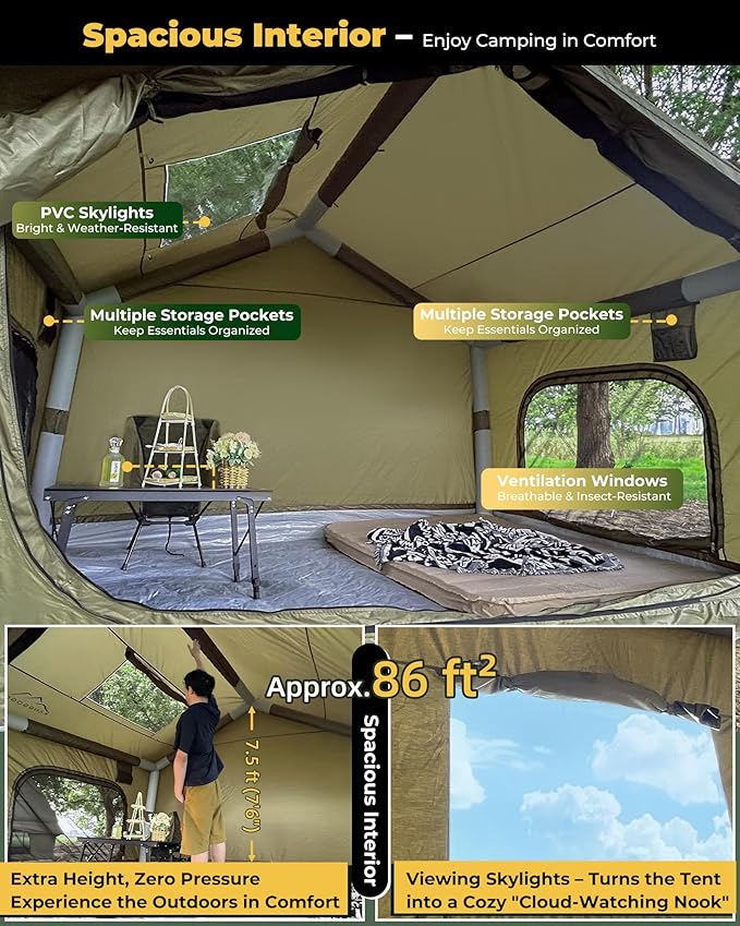 Inflatable Camping Tent, Luxury Glamping Design with Skylight, Oxford Fabric