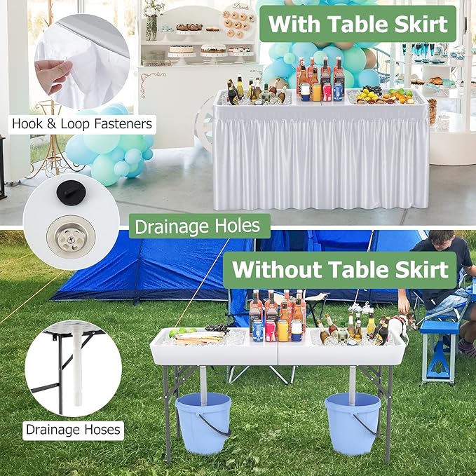 Giantex 5 FT Folding Ice Table with Double Sinks and Drains, Portable Ice Cooler Table with Removable Skirt, No Assembly, Foldable in Half, Fill and Chill Stand for Party Camping BBQ Wedding, White