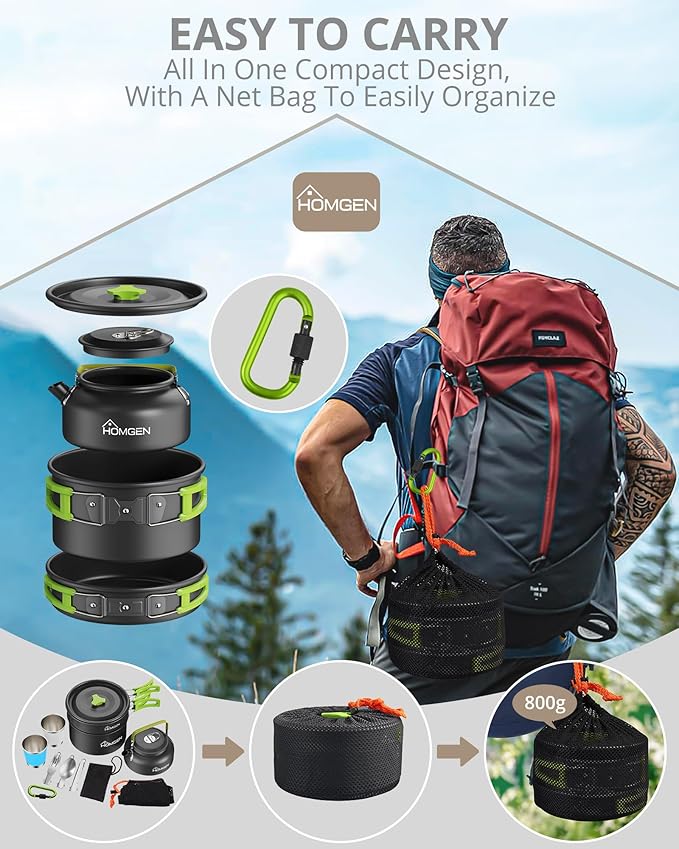 HOMGEN Ultralight Anodized Aluminum Camping Cookware Set for 2 People - Nesting Non Stick Pot/Pan with Foldable Handles Insulated Teapot & Stainless Cups - Compact Backpacking Gear for Camping/Hiking