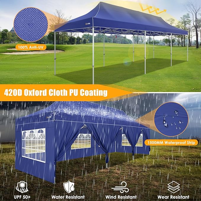 HOTEEL 10x30 Heavy Duty Pop Up Canopy Tent with Sidewalls, Tents for Parties Commercial Party Tent Event Wedding Instant Canopy Waterproof with Carry Bag, UV 50+, Thicked Hexagonal Legs, Deep Blue