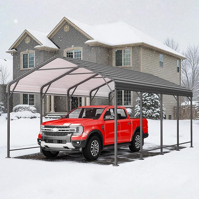 12x20FT Metal Carport, Heavy Duty Carport Canopy with Reinforced Frame and Base for All-Weather, Outdoor Garage Car Port for Pickup Trucks, Boats, Tractors or Party