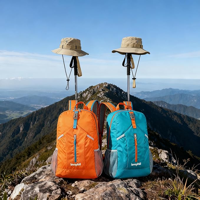 25L Foldable Backpack & Bucket Hat 2 IN1 Combo, Lightweight packable Travel Set, Compact Daypack Sun Fisherman Hat (Lake Blue)