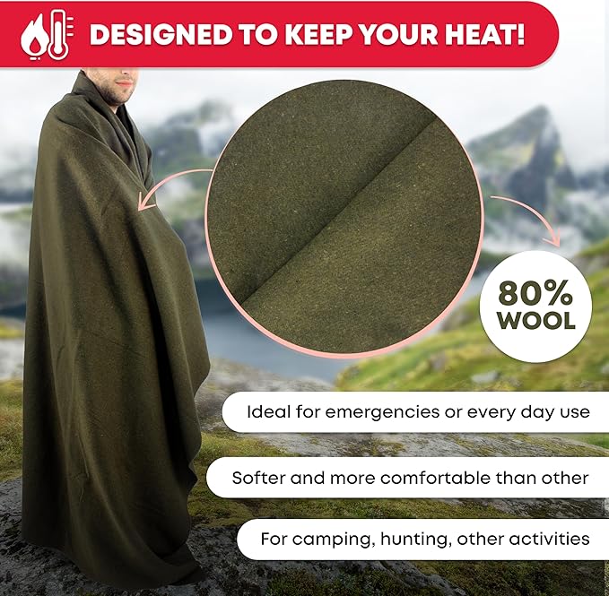Ever Ready First Aid Olive Drab Green Warm Fire Retardant Blanket, 66" x 90" (80% Wool) – US Military Style, Heavy-Duty Survival & Emergency Blanket for Camping, Hunting, Outdoors & Home Use - 2 Pack