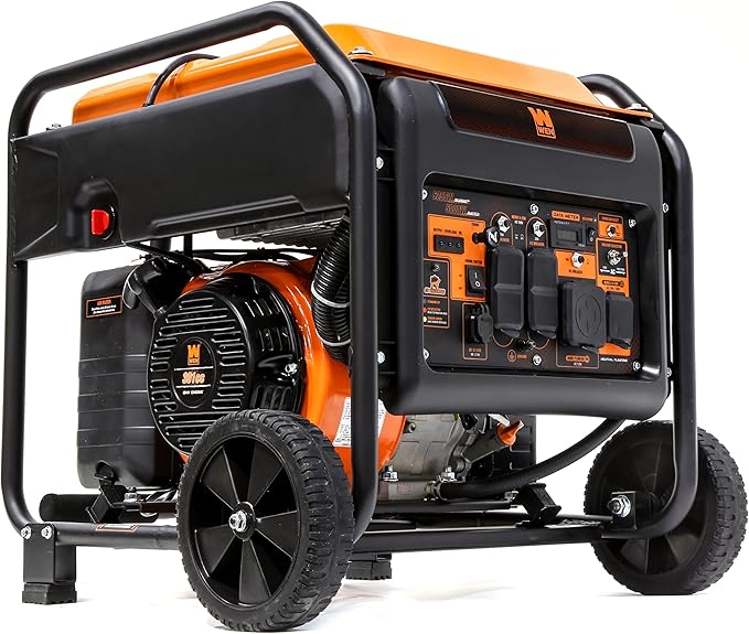 WEN GN625iX 6250-Watt RV and Transfer-Switch-Ready 120V/240V Open Frame Inverter Generator with CO Shutdown Sensor and Wheel Kit, Black/Orange