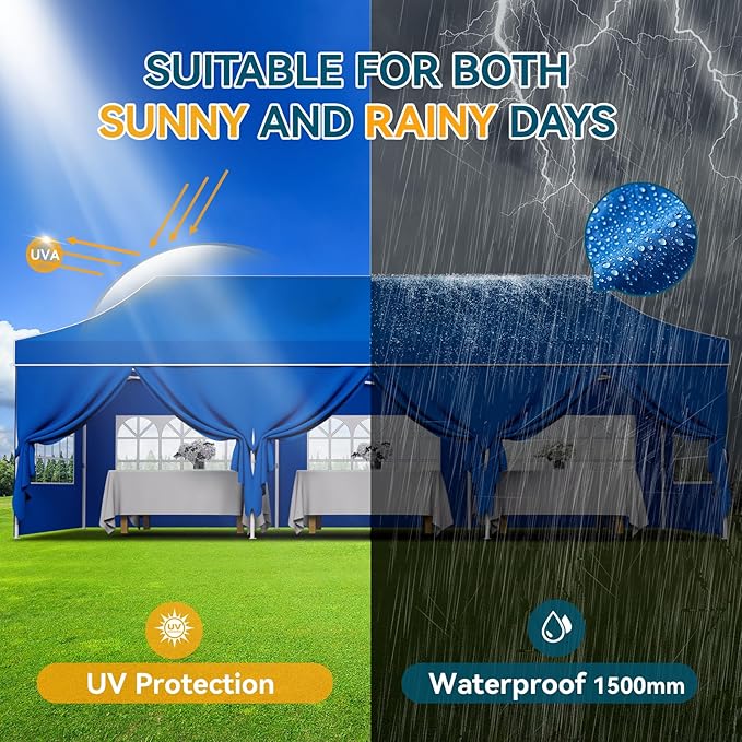 Hoteel 10x30 Pop Up Canopy Tent Heavy Duty with 8 Sidewalls, Waterproof Party Tent, Easy Set-up Commercial Instant Tents with Hand Bag, Rope & Nail, Hexagonal Leg (1-Year Warranty)