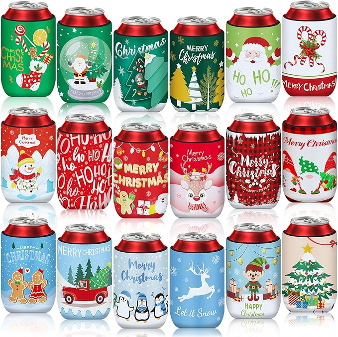 18 Pack Christmas Can Cooler Sleeves Beer Drink Can Bottle Cooler Sleeves Cooler Collapsible for Christmas Holiday Party Decorations Supplies Favors