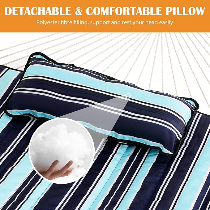 Lazy Daze Hammocks 2 Person Hammock Pad and Pillow Set, Double Polyester Quilted 78" x55" Replacement Pad for Rope Hammock, Navy Blue Stripes