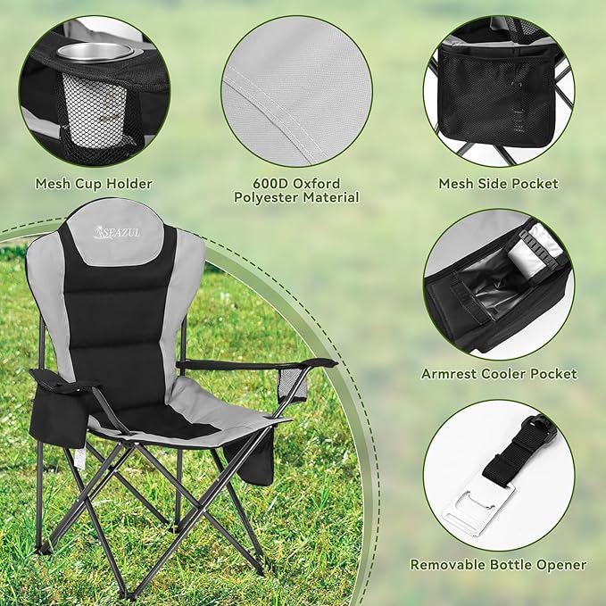 Camping Chairs for Adults, Heavy Duty Camping Chairs 2 Pack, Folding Chairs for Outside, Support 380 LBS, Portable Travel Outdoor Camp Chair with Cup Holder & Cooler Bag, Sports Chairs for Baseball