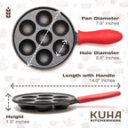 KUHA Cast Iron Aebleskiver Pan – Authentic Danish Pancake Maker for Aebleskiver, Poffertjes, Takoyaki, Appam, Kuli Paniyaram – Pre-Seasoned Cast Iron for Gas & Electric Stovetops & Campfire