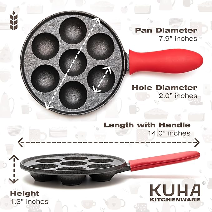KUHA Cast Iron Aebleskiver Pan – Authentic Danish Pancake Maker for Aebleskiver, Poffertjes, Takoyaki, Appam, Kuli Paniyaram – Pre-Seasoned Cast Iron for Gas & Electric Stovetops & Campfire