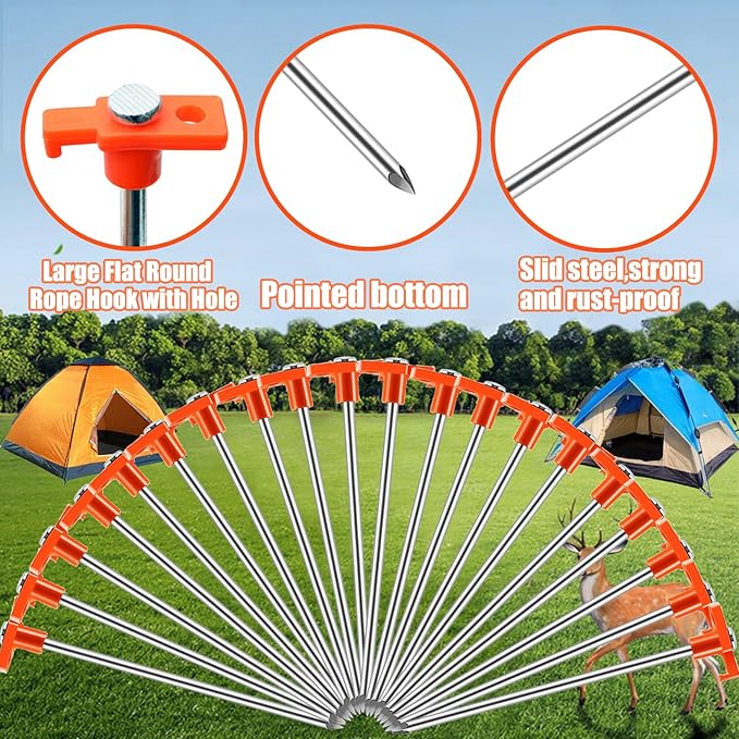 23 Pack Tent Stakes Heavy Duty,10 Inch Non-Rust Metal Tent Pegs Camping Stakes,Ground Stakes Tent Spikes for Camping,Garden,Hiking,Grassland,with 1 Pcs Hooked Head & 2 Pcs 10FT Ropes