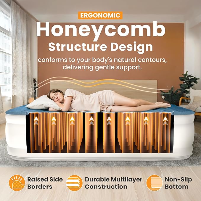 Twin Air Mattress with Built-in Pump, 18" Raised Blow Up Mattress, 500 lbs Max Honeycomb Air Bed, 48Hr Leak-Proof Test, 3min Inflatable Mattress for Home, Guests, Camping, Colchones inflables