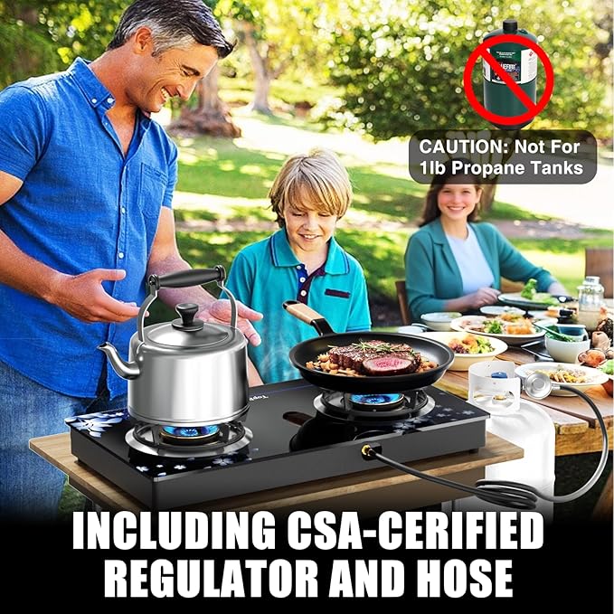 2 Burner Propane Stove 27,200 BTU High-Efficiency Tempered Glass Auto-Ignition Gas Burner Stove Top with CSA Hose for Outdoor RV Camping Emergency Cooking