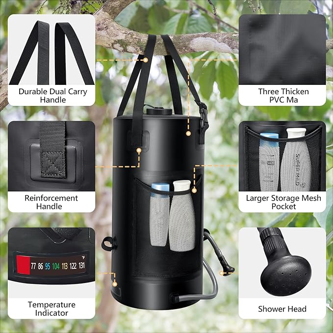 5 Gal/3 Gal Solar Shower Bag, Solar Heating Camping Shower Bag, On-Off Switchable Shower Head, Portable Shower with Thick Tarpaulin for Camping, Surfing, Outdoor Traveling, No Tear & Leak