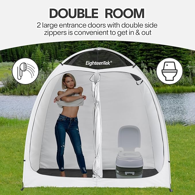 EighteenTek® Shower Tent Camping, 2-Room Portable Changing Room, Outdoor Shower Enclosure, Pop Up Privacy Tent Shelter with Floor & Doors, Waterproof & Lightweight, Camping Toilet Bathroom