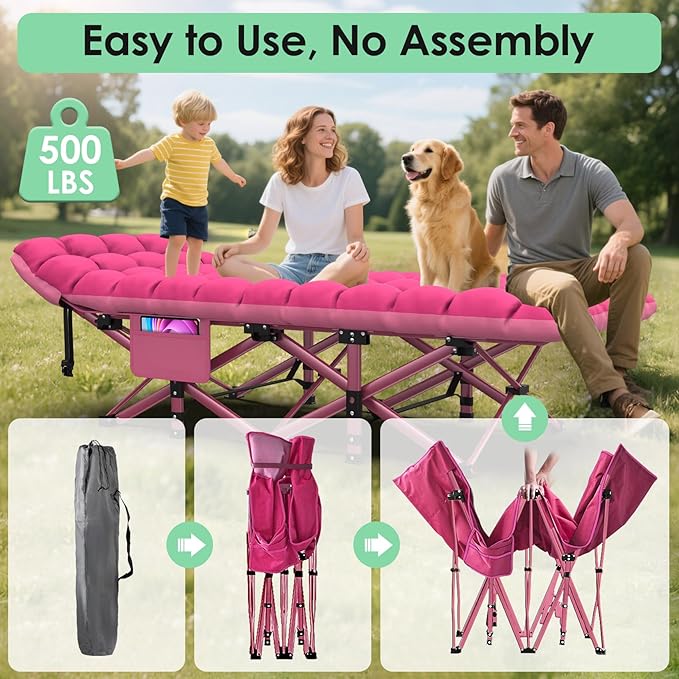 Suteck Camping Cot, Folding Camping Cot Bed for Adults Sleeping 1200D Double Layer Oxford Portable Folding Outdoor Cots for Camping W/Soft Pad Carry Bag for Home Office Nap Beach Travel, 500LBS,