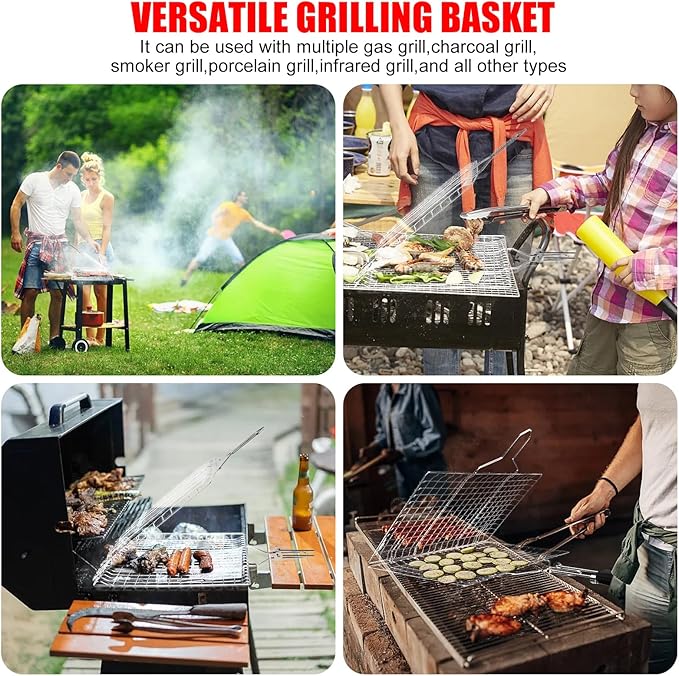 Grill Baskets Fish Grilling Basket for Outdoor Grilling Barbecue Stainless Steel Folding Grill Accessories with Removable Handle, Grill Basket for Bar, Camping, Picnics & Parties. Amazing Grill