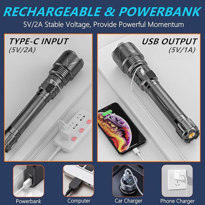 Rechargeable Flashlight 10,000 High Lumens, 70W XHP360 LED Super Bright Tactical Zoomable Flashlights with USB Output, Large Capacity Powered Waterproof Flash Light for Emergencies, Camping, Hunting