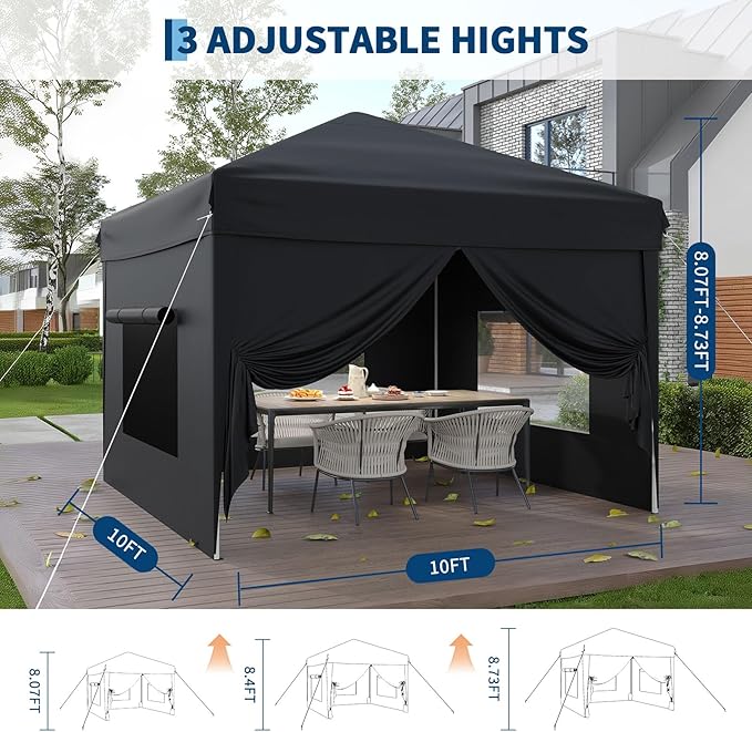 10x10 Pop Up Canopy Tent with 4 SideWalls, Easy Up Canopy with 3 Adjustable Height, Outdoor Sun Shade with 4 Sandbags & Carrying Bag for Camping, Parties,Outdoor Events-Black