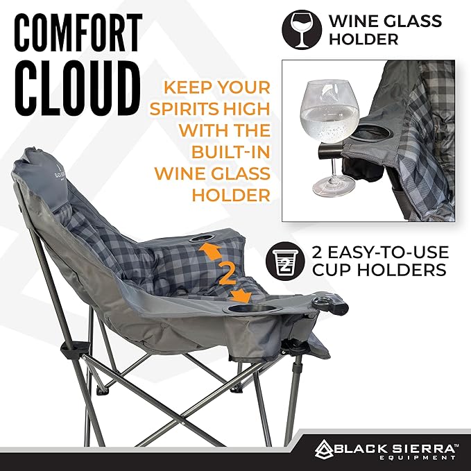Black Sierra Oversized Camping Chair for Adults – 400 lb Heavy Duty Folding Chair with Cup Holders & Carry Bag