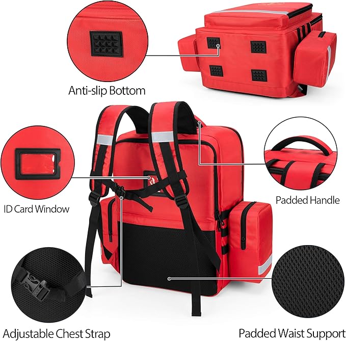 Trunab Emergency Medical Backpack Empty, EMT Camping Molle Bag with Detachable Side Pocket and No-Slip Bottom for Camping, Hiking, Traveling, Daycare, Red, Bag Only