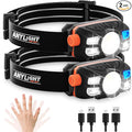Rechargeable LED Headlamp with Stepless Dimming and Motion Sensor, IP65 Waterproof Headlight for Repairing, Running, Camping, Hiking(2 Packs)