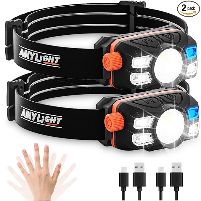 Rechargeable LED Headlamp with Stepless Dimming and Motion Sensor, IP65 Waterproof Headlight for Repairing, Running, Camping, Hiking(2 Packs)