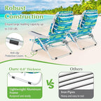 GYMAX Beach Chair, 330lbs Backpack Lounger with 5-Position Backrest, Storage Bag, Side Pocket, Towel Bar & Headrest, Foldable Low Beach Lounge, Portable Aluminum Lay Out Camp Chair (2, Blue)