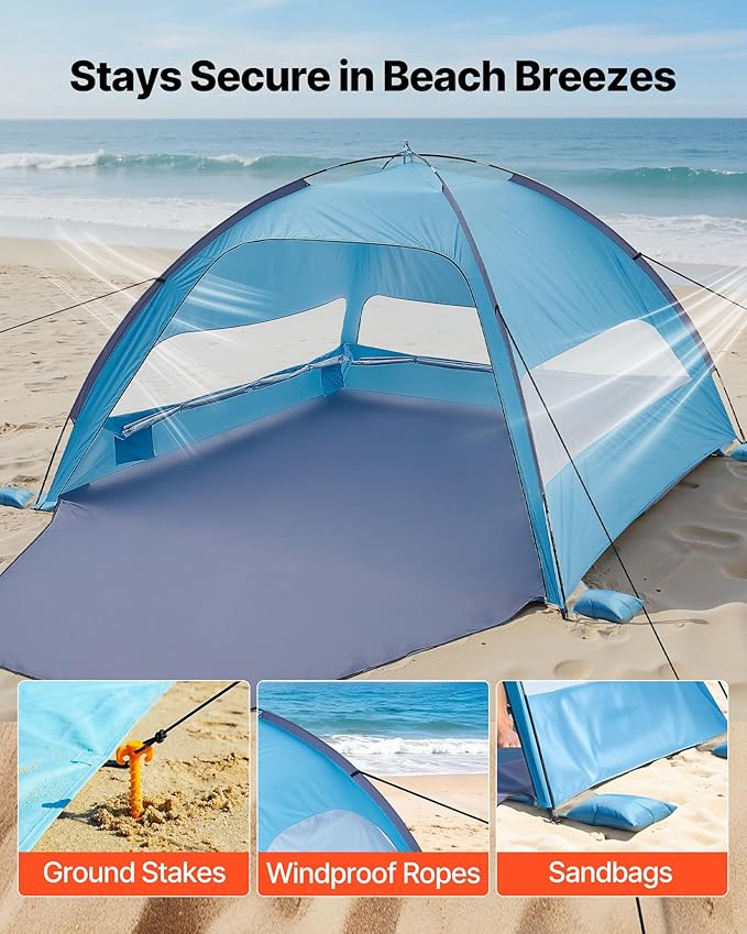 VEVOR Beach Tent Sun Shelter for 6 Person, UPF 50+ Protection, Portable Sun Shade Beach with Carrying Bag & Sand Pockets, Lightweight and Easy Setup Beach Umbrella for Camping Fishing Outdoor Picnic