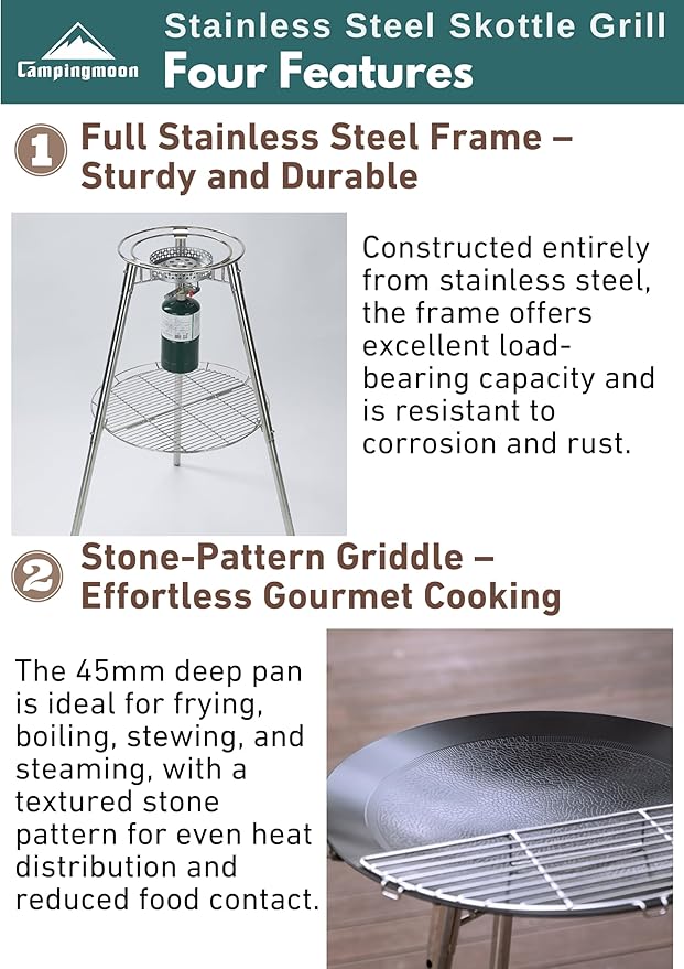CAMPINGMOON Skottle Grill Cooking System Kit 18 inch Carbon Steel Pan Adjustable Legs Portable Camp Cooking Gear with Carry Bag (Skottle propane stove set)