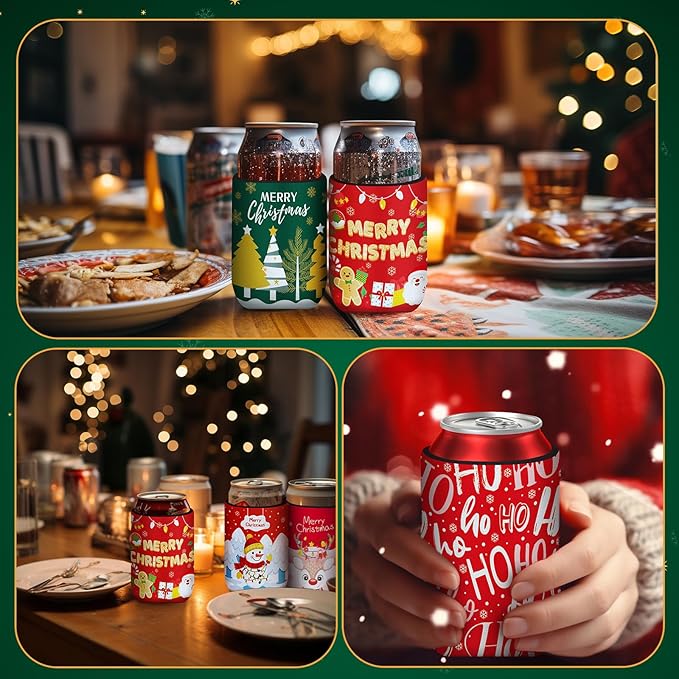 18 Pack Christmas Can Cooler Sleeves Beer Drink Can Bottle Cooler Sleeves Cooler Collapsible for Christmas Holiday Party Decorations Supplies Favors