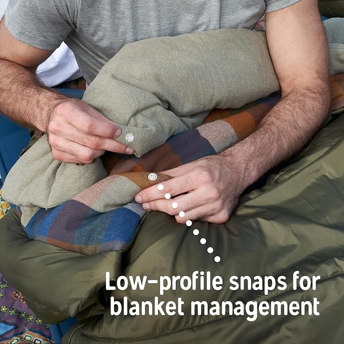 Kelty Wayback Flannel Lined Sleeping Bag, Built in Blanket, Traditional Rectangle Shape, Organic Flannel Cotton Liner, Dual Locking Slide Zips