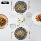 100 Pcs Black Charger Plates Bulk, 13'' Round Table Chargers, Plastic Embossed Rim Decorative Chargers Floral Plates for Wedding, Christmas, Party, Event, Decoration