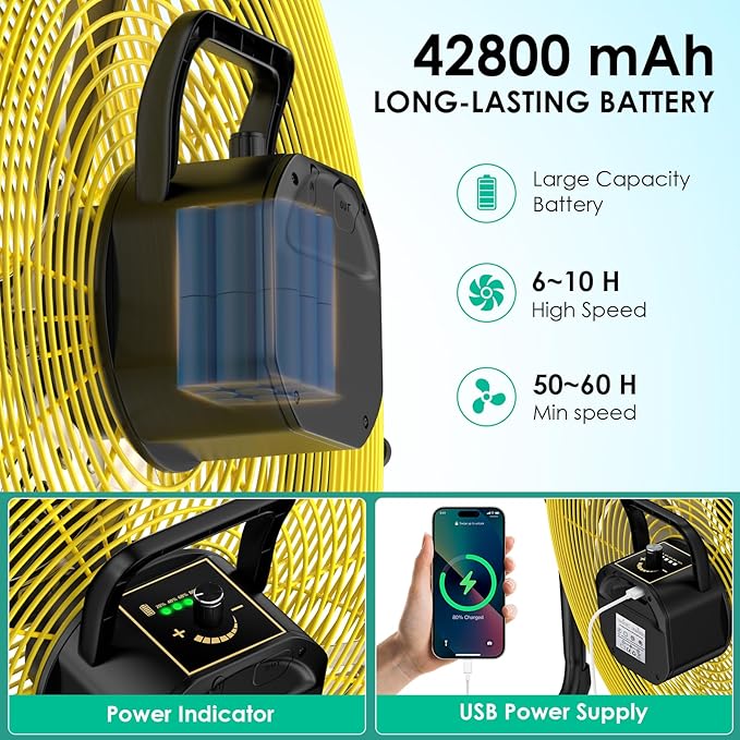 20'' Portable Battery Operated Fan, Cordless Camping Floor Fan Outdoor, Long Lasting Rechargeable Battery Powered Fan, 360° Tilt, USB Output, Wireless, for Home Gazebo Greenhouse Outside Gym