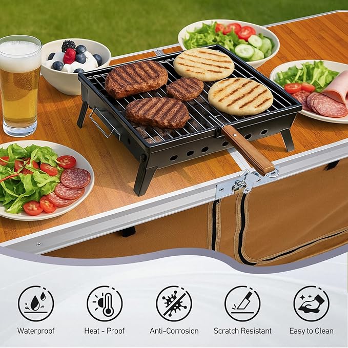 VINGLI 4 Ft Folding Table, Aluminum Camping Table, Picnic Table with Storage, Adjustable Height for Outdoor Beach BBQ Backyards Travel Party (Brown)