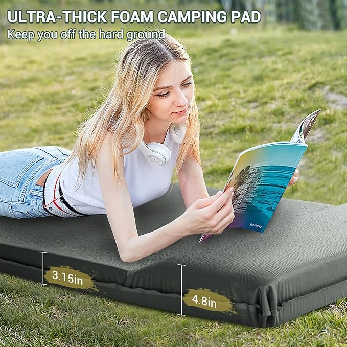 Elegear Self Inflating Sleeping Pad, 3.15" Ultra-Thick Memory Foam Camping Pad with Pillow Fast Inflating in 20s Insulated Camping Mattress Pad 4-Season Camp Sleeping Mat for Camp/Travel/Car/Tent