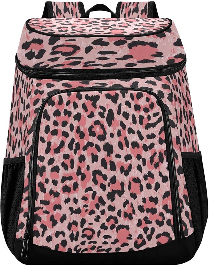 Leopard Pink Cooler Backpack Insulated Waterproof Leak Proof Beach Cooler Bag Lightweight Lunch Picnic Camping Backpack Cooler for Men and Women