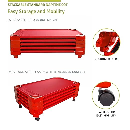 Pearington Stackable Standard Naptime Cot, Red (Set of 5)
