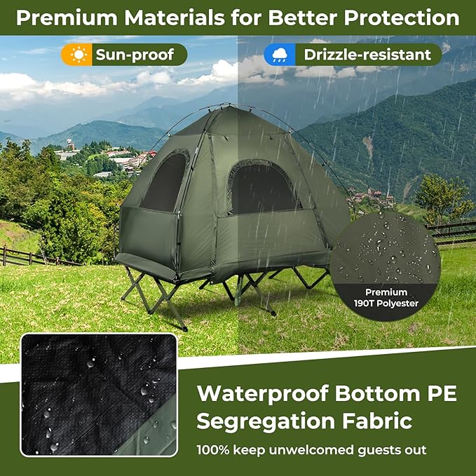 LDAILY Camping Tent Cot, 5 in 1 Off Ground Elevated Tent with Air Mattress, Sleeping Bag & Pillow, Folding Camping Cot Combo with Carrying Bag for Outdoor Hiking, RV, Picnic, Field Backyard (2 Person)