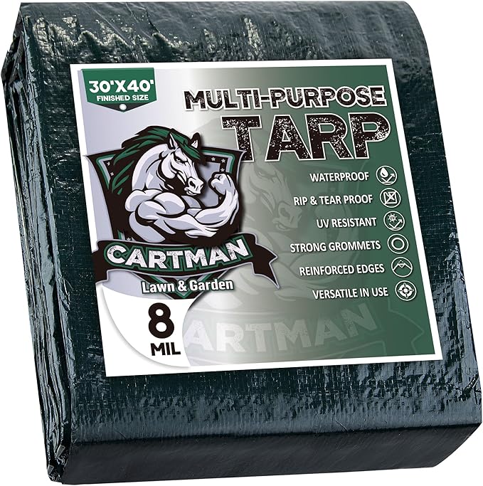 CARTMAN Finished Size 30x40 Feet Waterproof Green Tarp 8 Mil Thick, Multipurpose Protective Cover for Emergency Rain Shelter Camping Tarpaulin