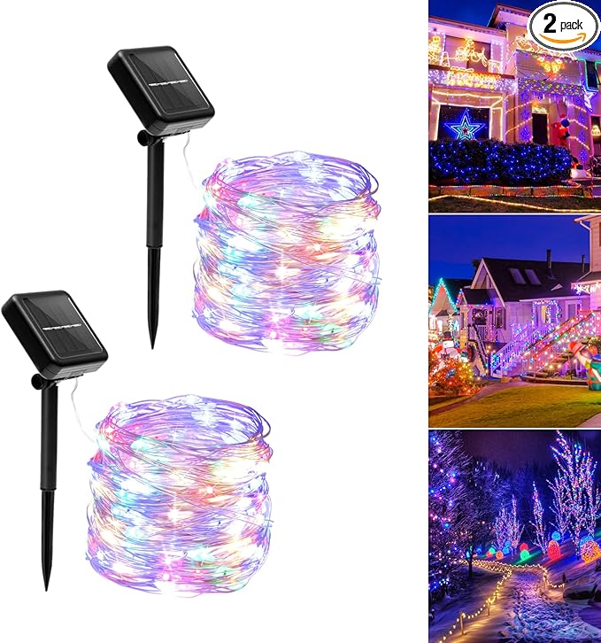 Solar String Lights Outdoor Waterproof, 2x56Ft 300LED 8 Modes Solar Powered Copper Fairy String Deck Twinkle Lights for Outside Christmas Party Yard Camping Holiday Decor 2Pack(Multicolor)