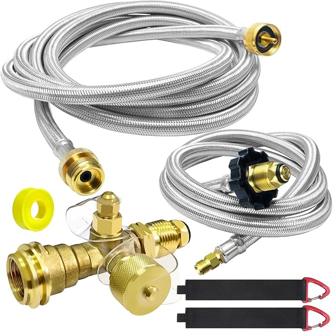 4-Port Propane Brass Tee kit with 5FT and 12FT Stainless Braided Hose, Tee Adapter Kit Allows for Connection Between Auxiliary Propane Cylinder and Propane Appliances for Motorhomes Tank RV Camping