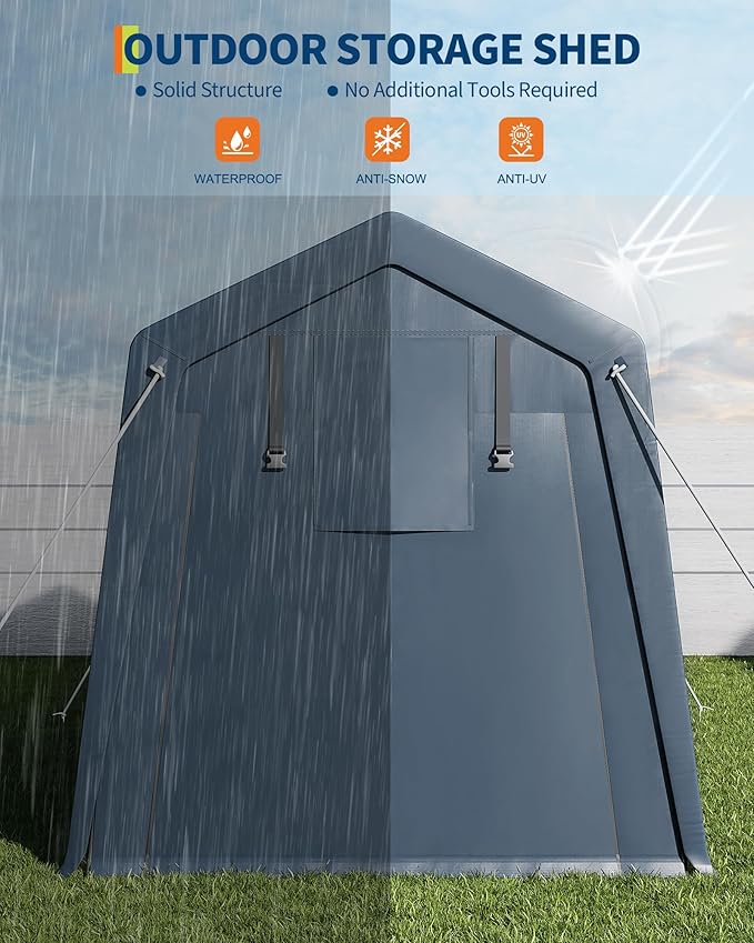 6x6FT Carport, Heavy Duty Motorcycle Shed with Waterproof PE Tarp, Portable Outdoor Storage Shed for Bikes and Firewood, All-Weather Car Shelter with Roll-Up Zipper Door, 6x6FT, Gray