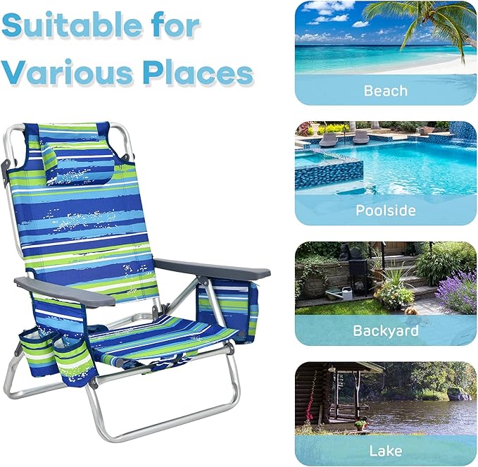 Goplus Beach Chair, Folding Backpack Beach Chairs for Adults with 5 Positions, Head Pillow, Cooler Bag, Towel Bar, Cup Holders, Sunbath Sling Tanning Lounge, Foldable Layout Camping Chairs
