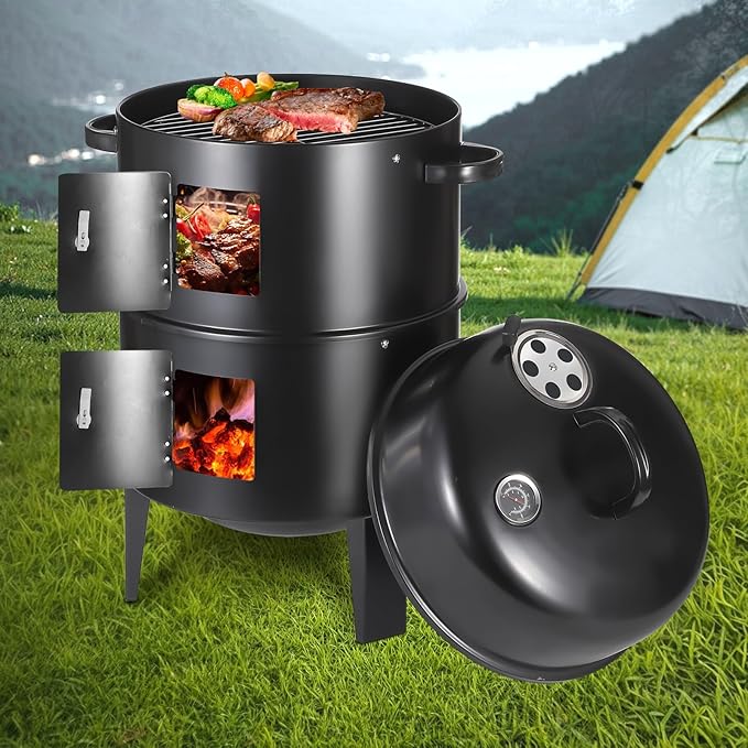 Vertical 17 Inch Charcoal Smoker Grill with Thermometers and Air Vent, Multi-Layer Meat 3-in-1 Portable light weight with 2 Access Doors Grill Smoker (17 INCH)