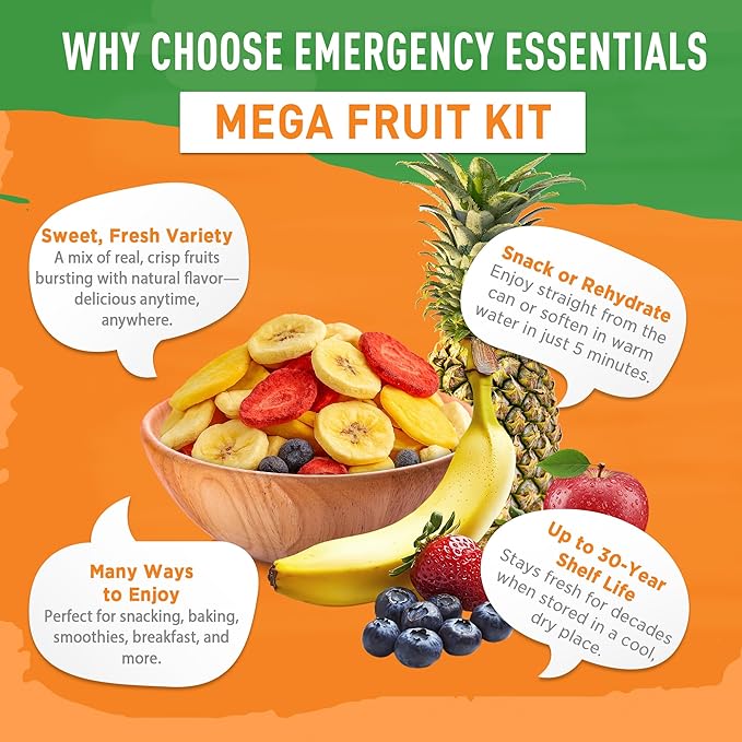 Emergency Essentials MEGA Fruit Kit | Freeze Dried & Dehydrated Fruit Variety | 119 Servings | Up To 30 Year Shelf Life | Apples, Strawberries, Blueberries, Peaches, Bananas, Pineapple