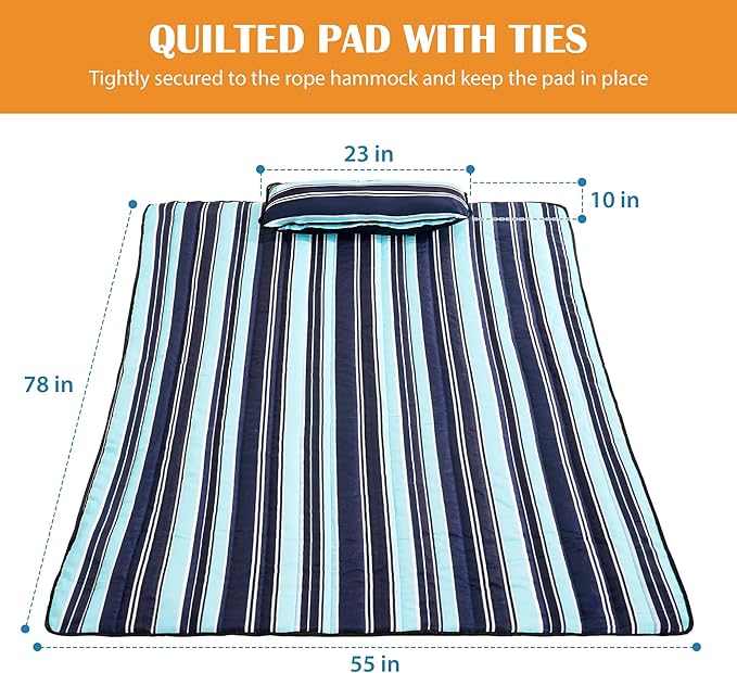 Lazy Daze Hammocks 2 Person Hammock Pad and Pillow Set, Double Polyester Quilted 78" x55" Replacement Pad for Rope Hammock, Navy Blue Stripes