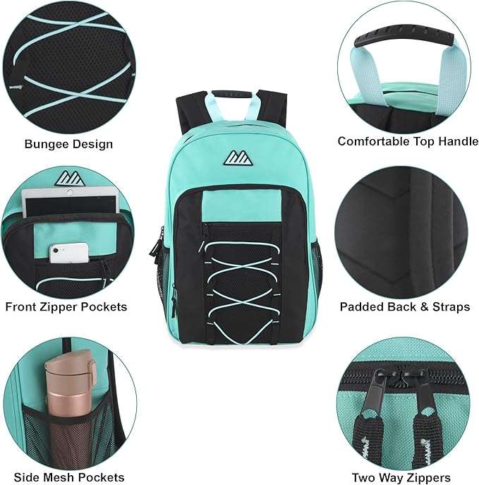 Trail maker (24 Pack) 18 Inch Heavy Duty Bulk Dual Compartment Bungee Backpacks for College, Homeless Women, Men (Light Colors Pack)